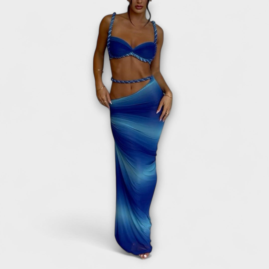 Jane - Stylový gradientový pletený crop top a overskirt duo
