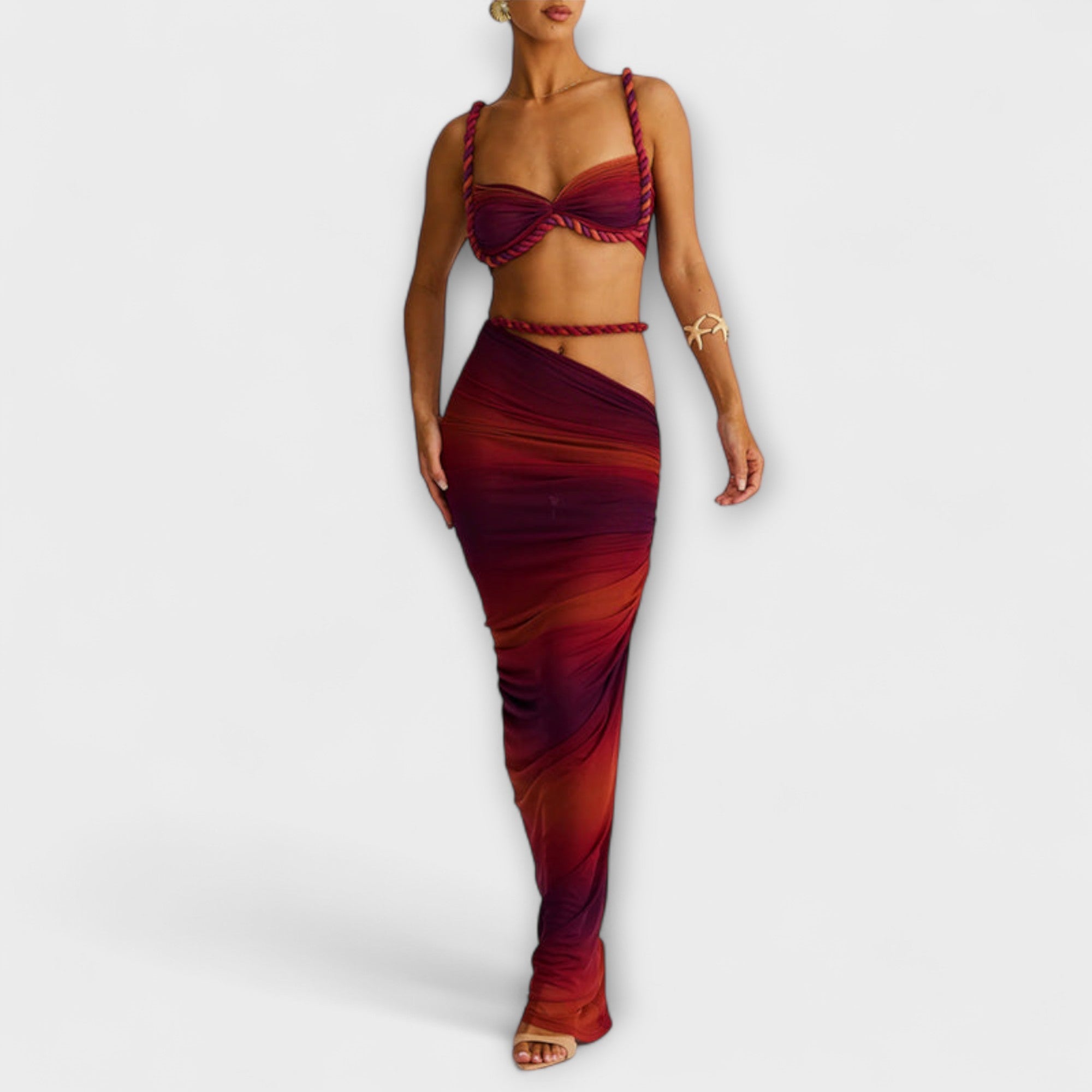 Jane - Stylový gradientový pletený crop top a overskirt duo