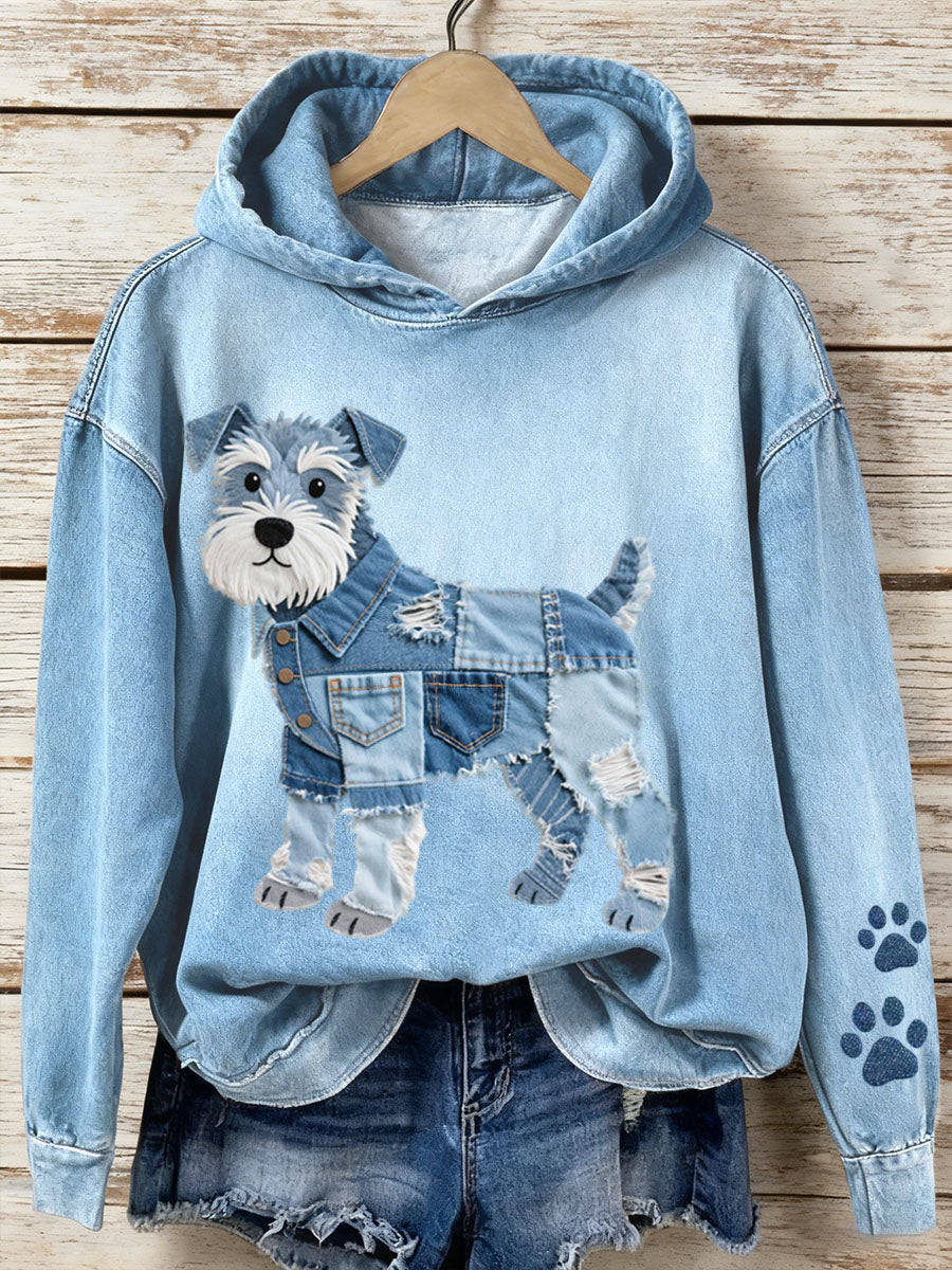 Lola - Džínová mikina pro dámy Patchwork Art Schnauzer se vzorem psa